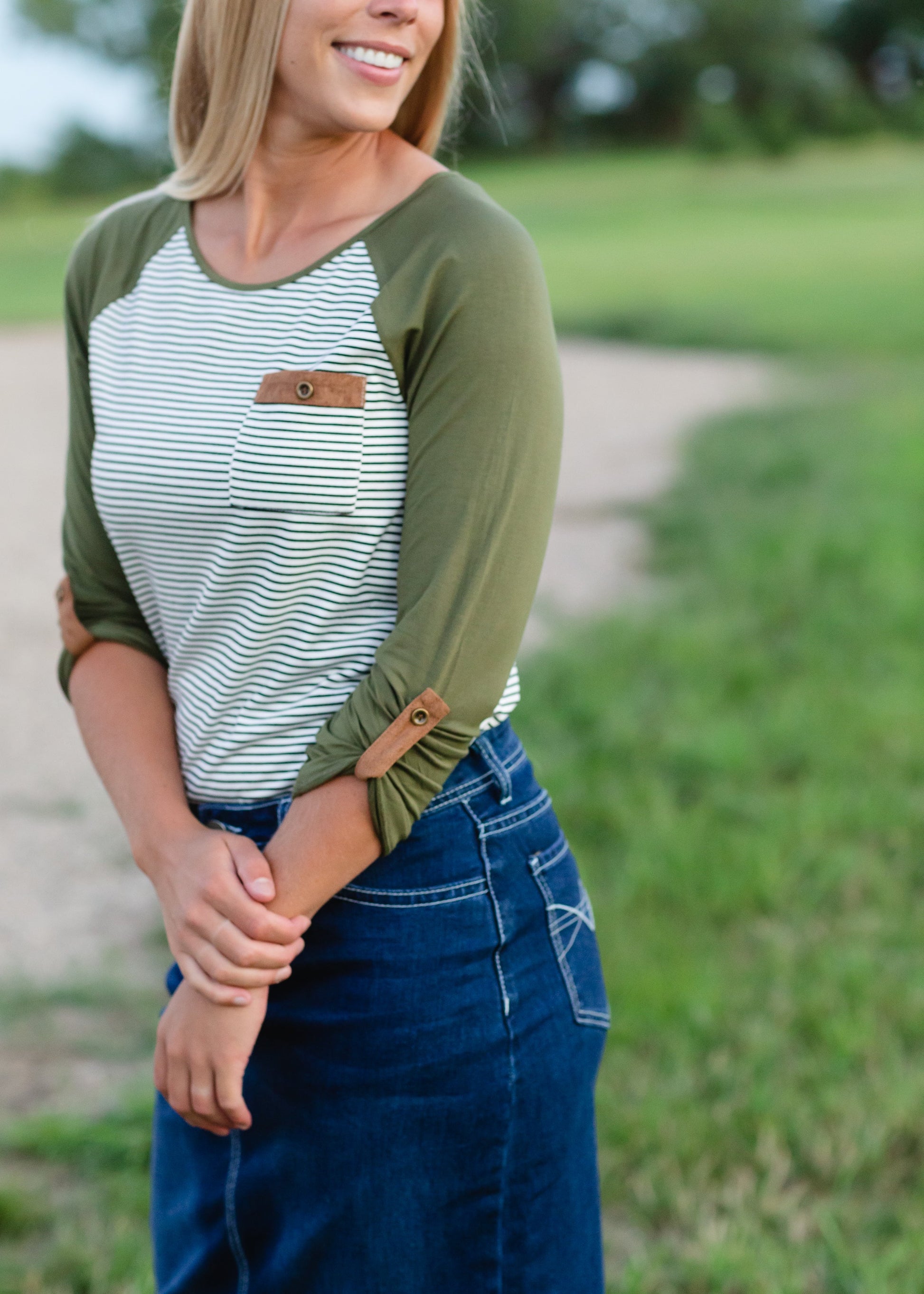 Olive Striped Suede Pocket Raglan Tops