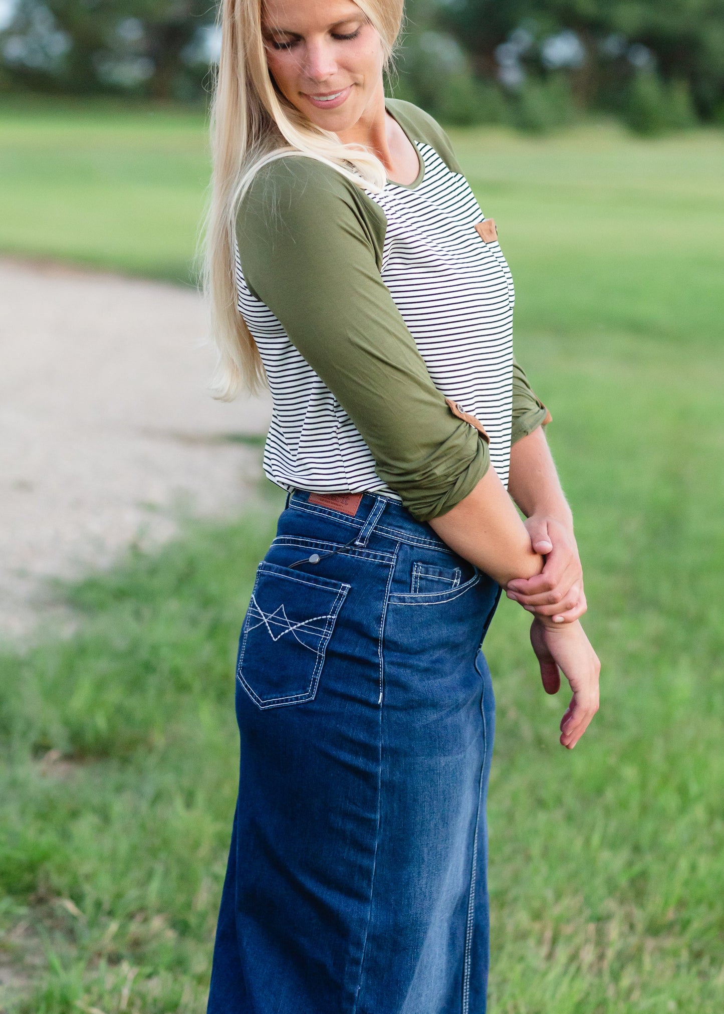 Olive Striped Suede Pocket Raglan Tops