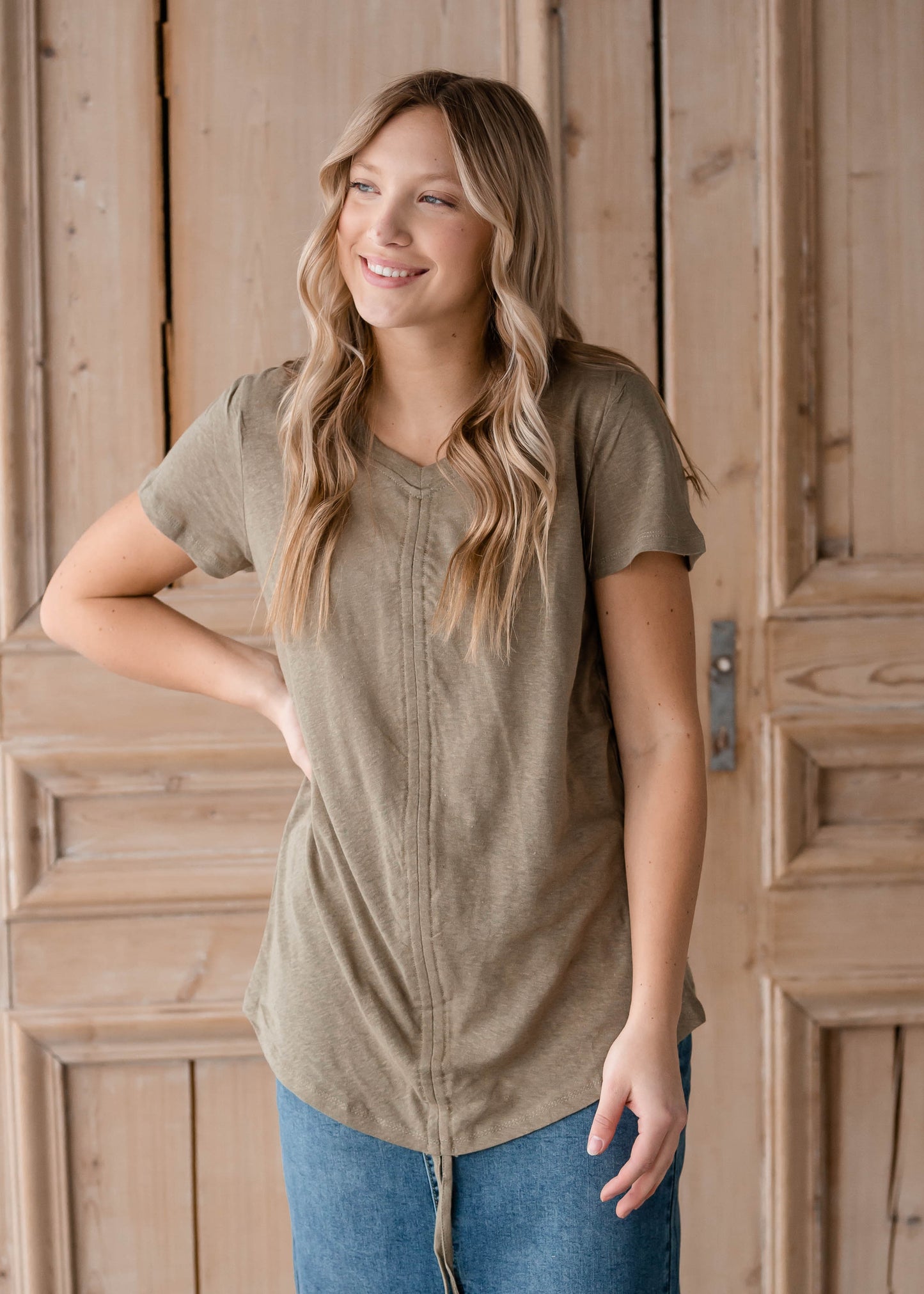 Olive V-Neck Smocked Top Shirt Hayden