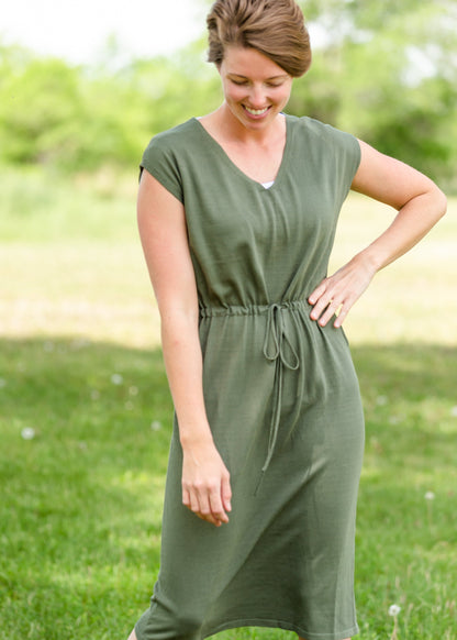 Olive V-Neck Tie Waist Midi Dress Dresses