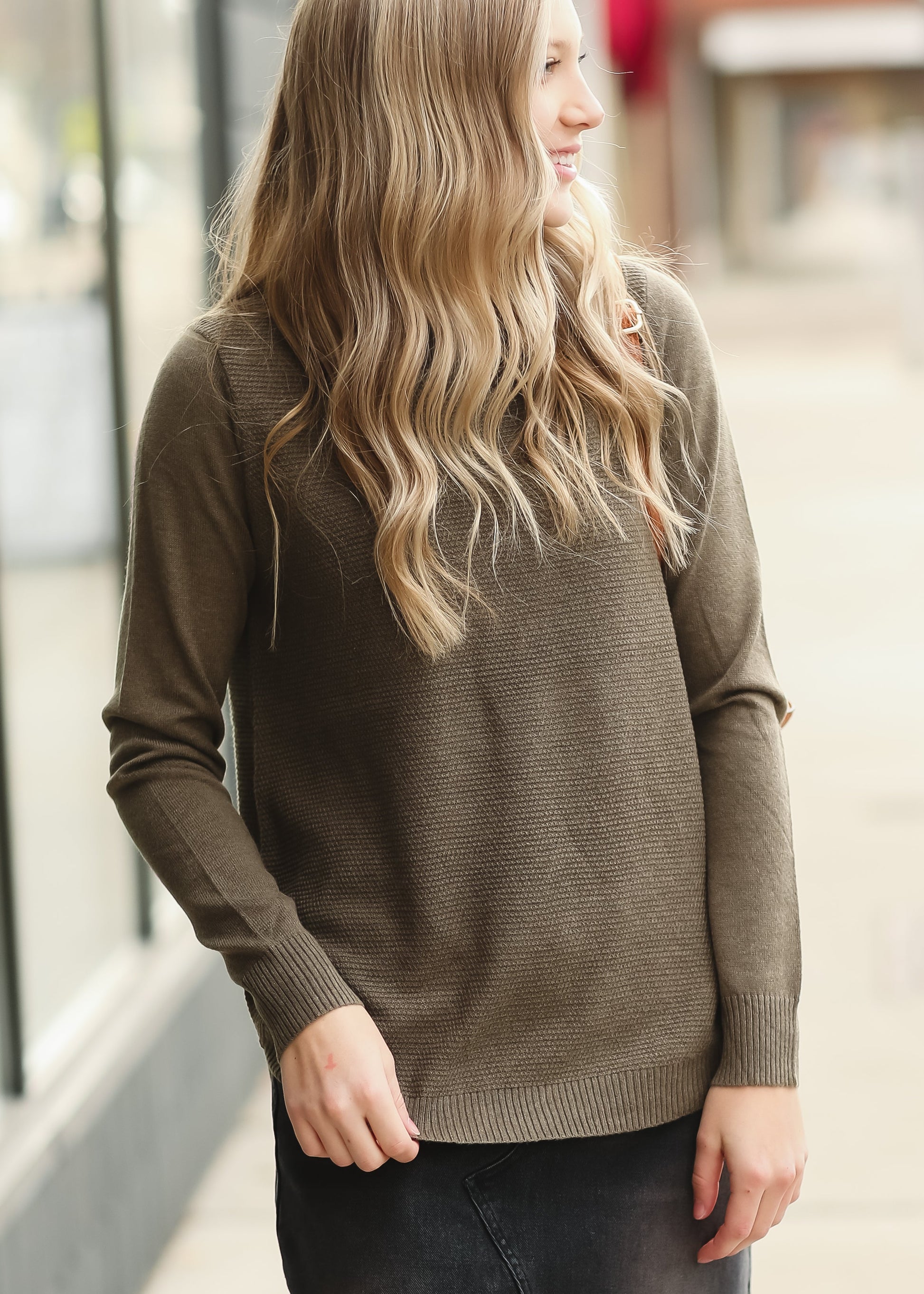 Olive Waffle Weave Textured Sweater Tops