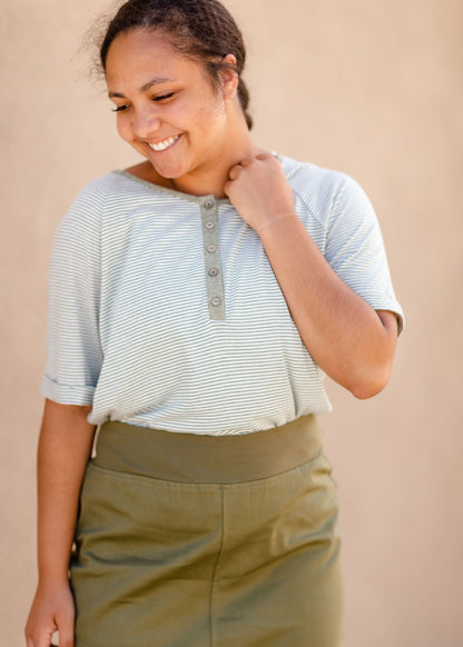 Olive & White Striped Top Tops