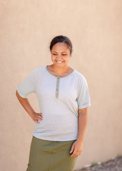 Olive & White Striped Top Tops