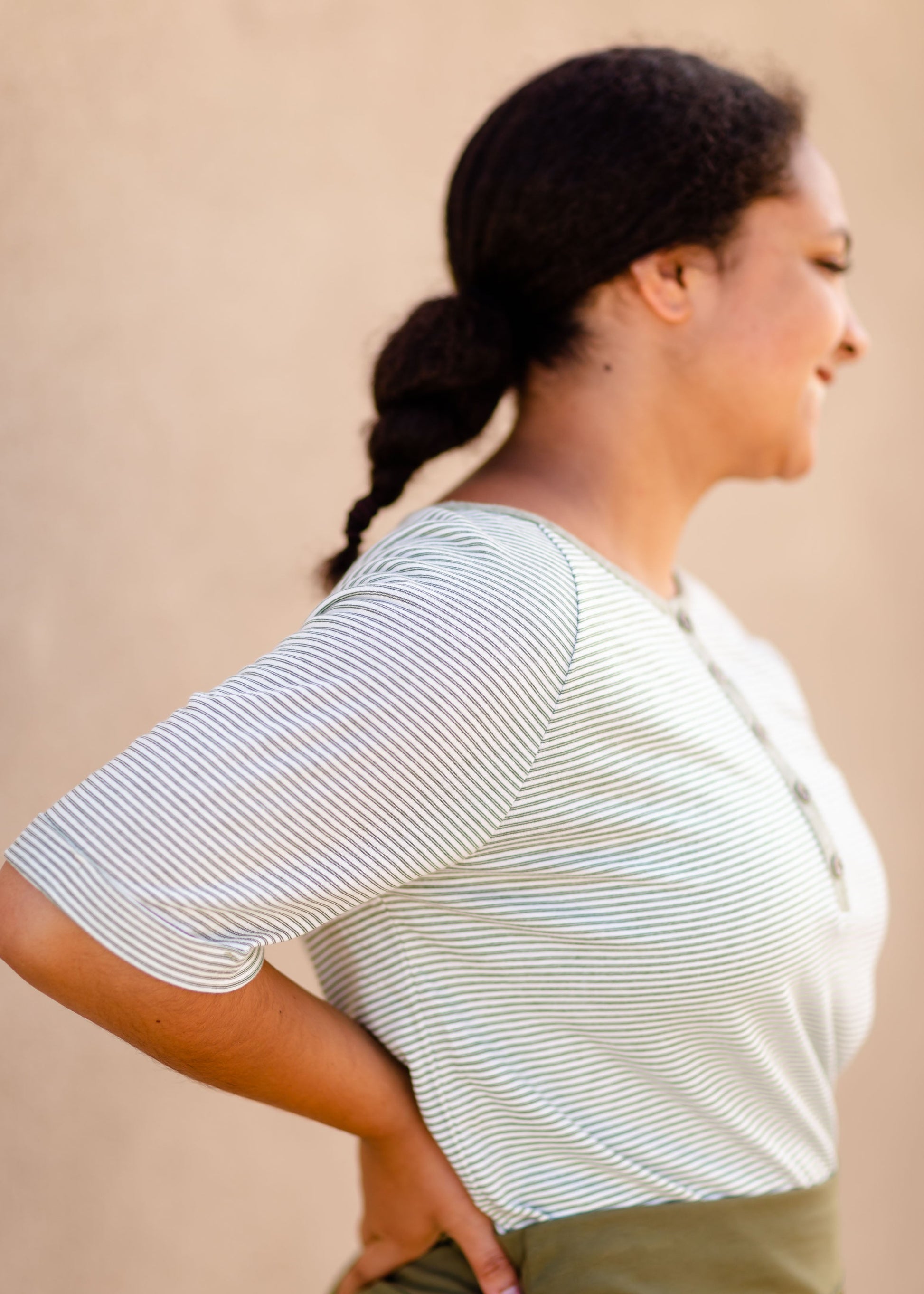 Olive & White Striped Top Tops