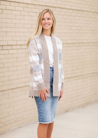 Open Front Checkered Cardigan Tops