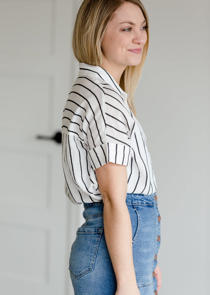 Oversized Button Up Striped Blouse - FINAL SALE Tops