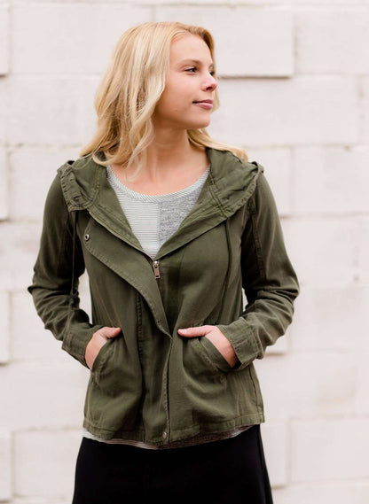 Modest women's olive hooded military oversized parka 