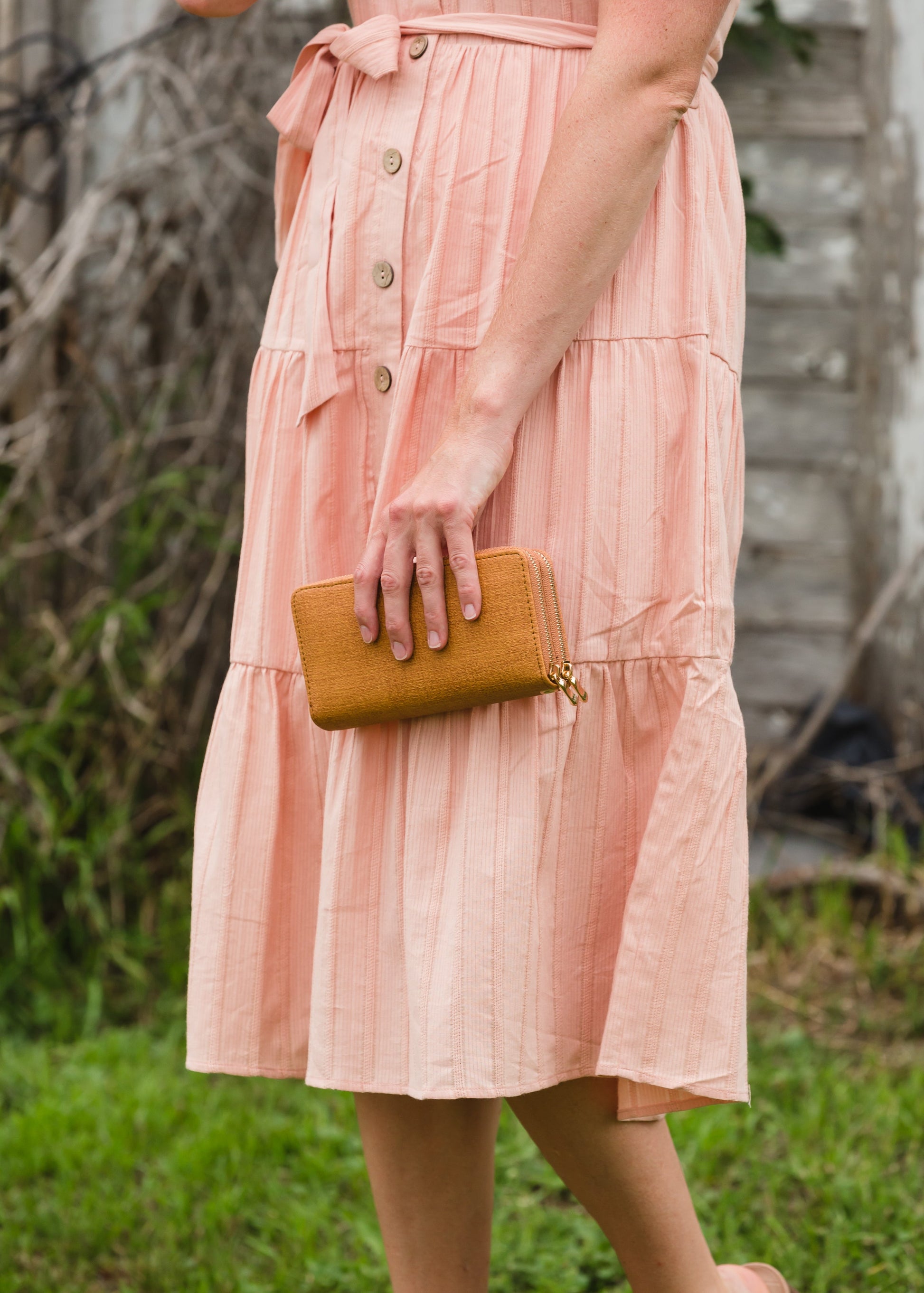 Peach Button Front V-Neck Midi Dress - FINAL SALE Dresses