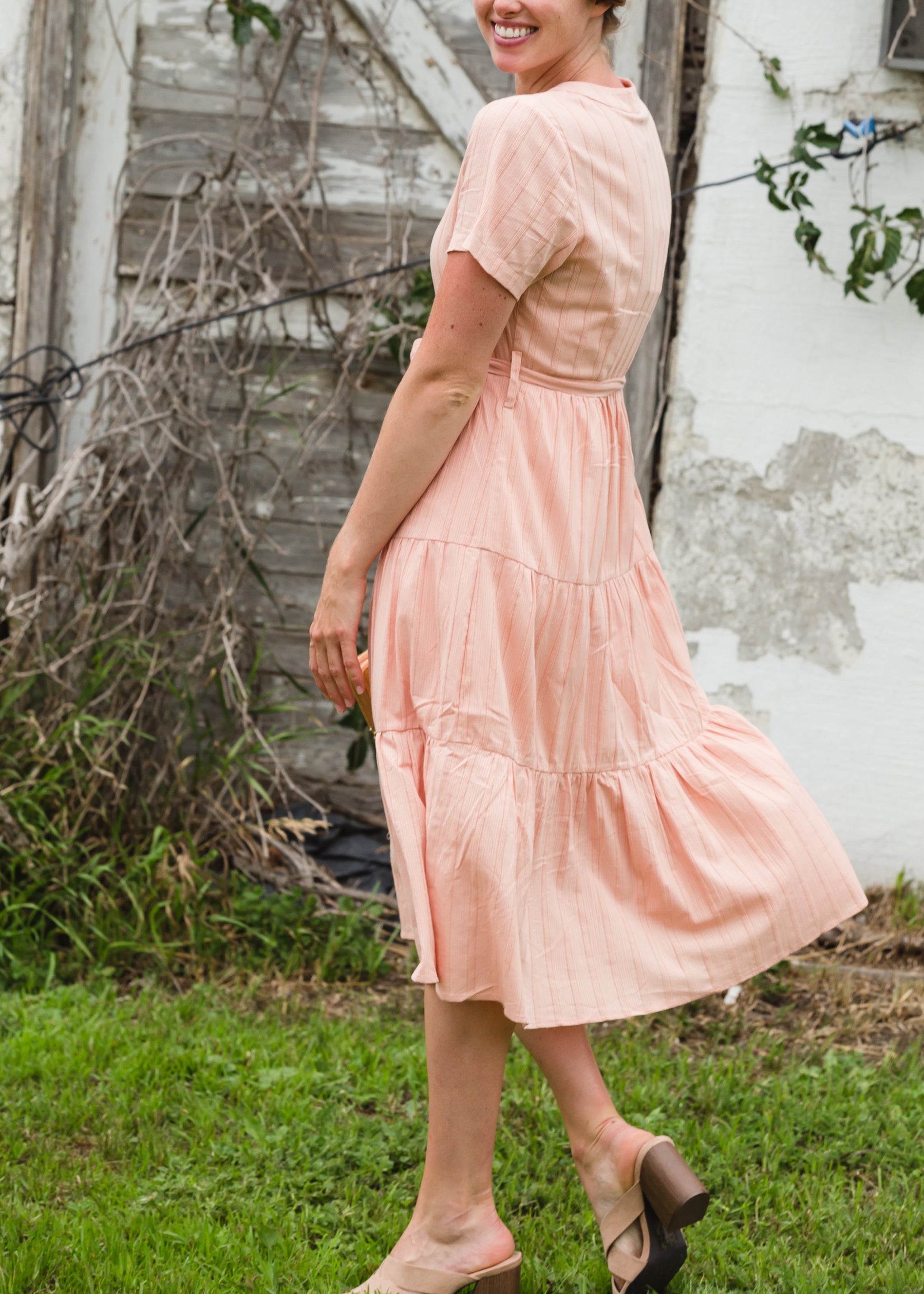 Peach Button Front V-Neck Midi Dress - FINAL SALE Dresses