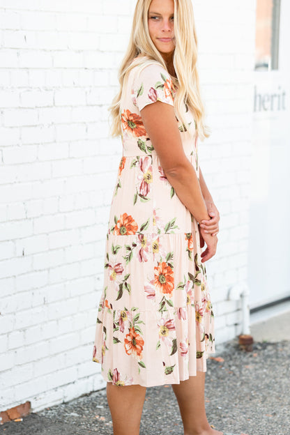 Peach Floral Tiered Midi Dress Dresses