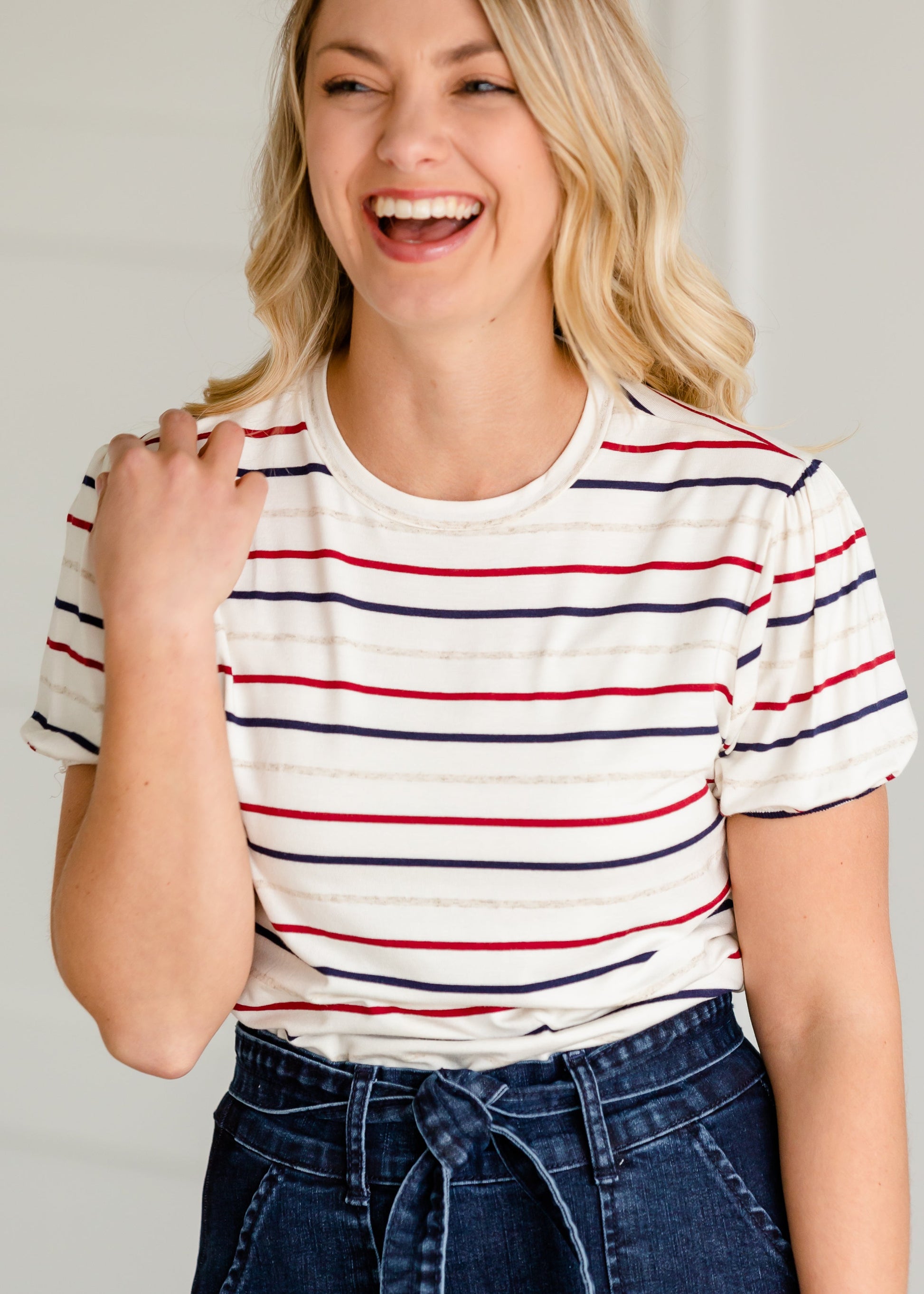 Pencil Striped Short Balloon Sleeve Tee - FINAL SALE Tops