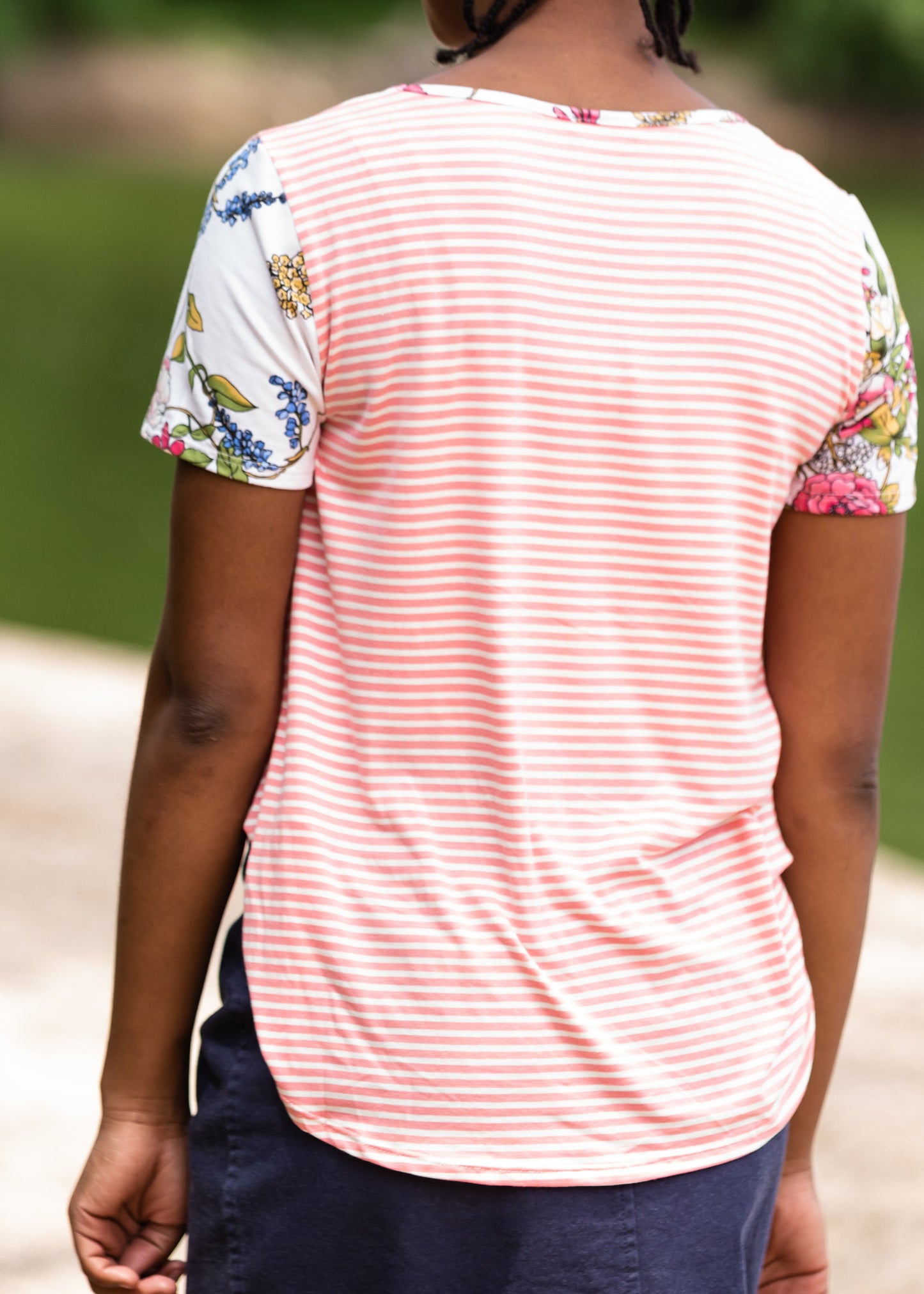 Pin Striped + Floral Short Sleeve Top - Final Sale Tops