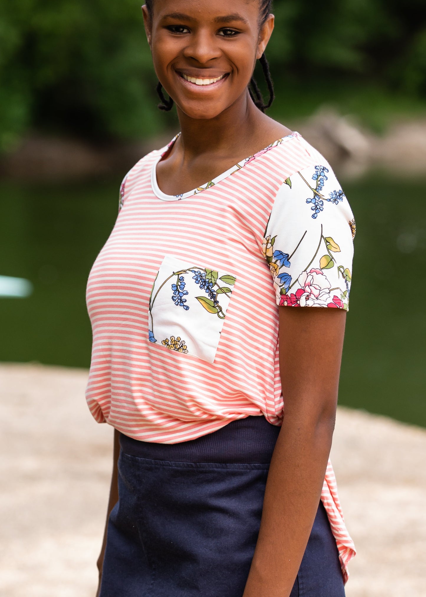 Pin Striped + Floral Short Sleeve Top - Final Sale Tops