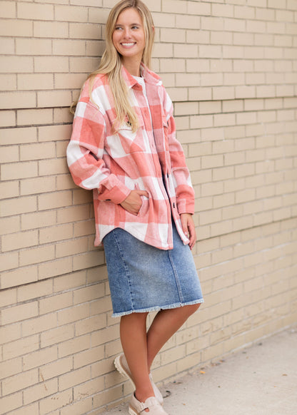 Pink Plaid Button Shacket Tops