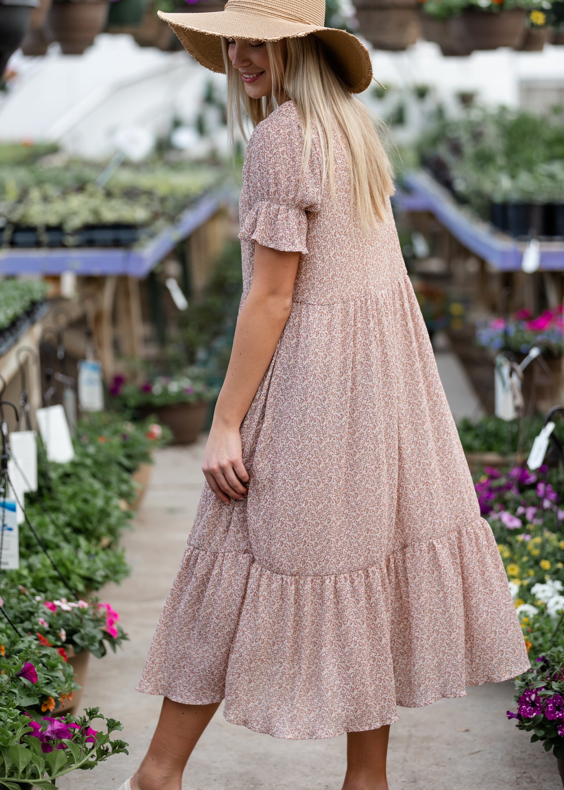 Pink Ruffle Sleeve Floral Midi Dress Dresses Hayden