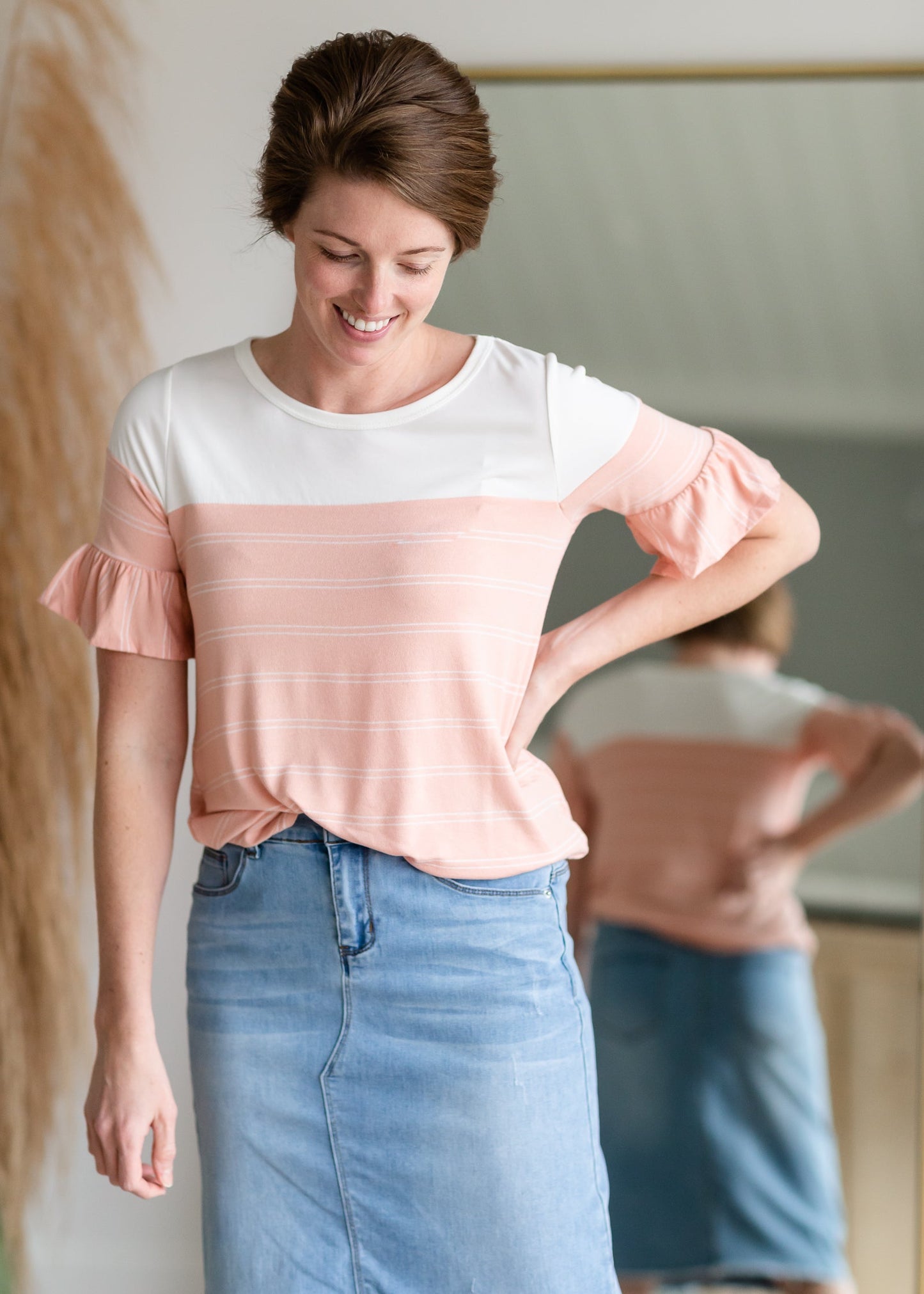 Pink & White Simple Striped Ruffle Sleeve Top Shirt Hailey & Co