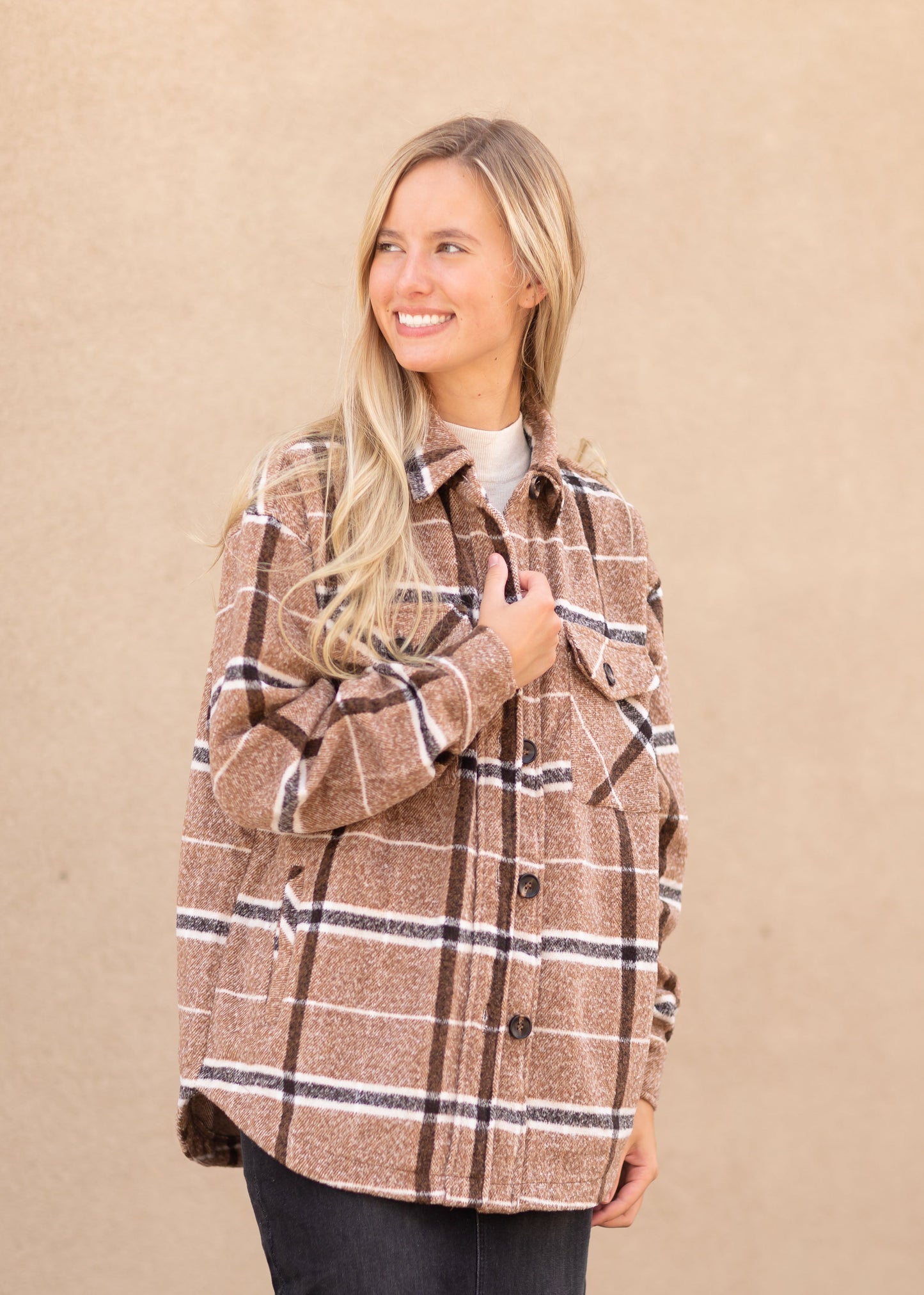 Plaid Button Up Shacket Tops Mocha / S