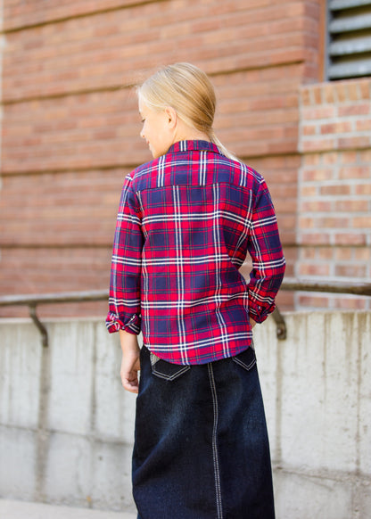 girls modest red and blue plaid flannel button up top