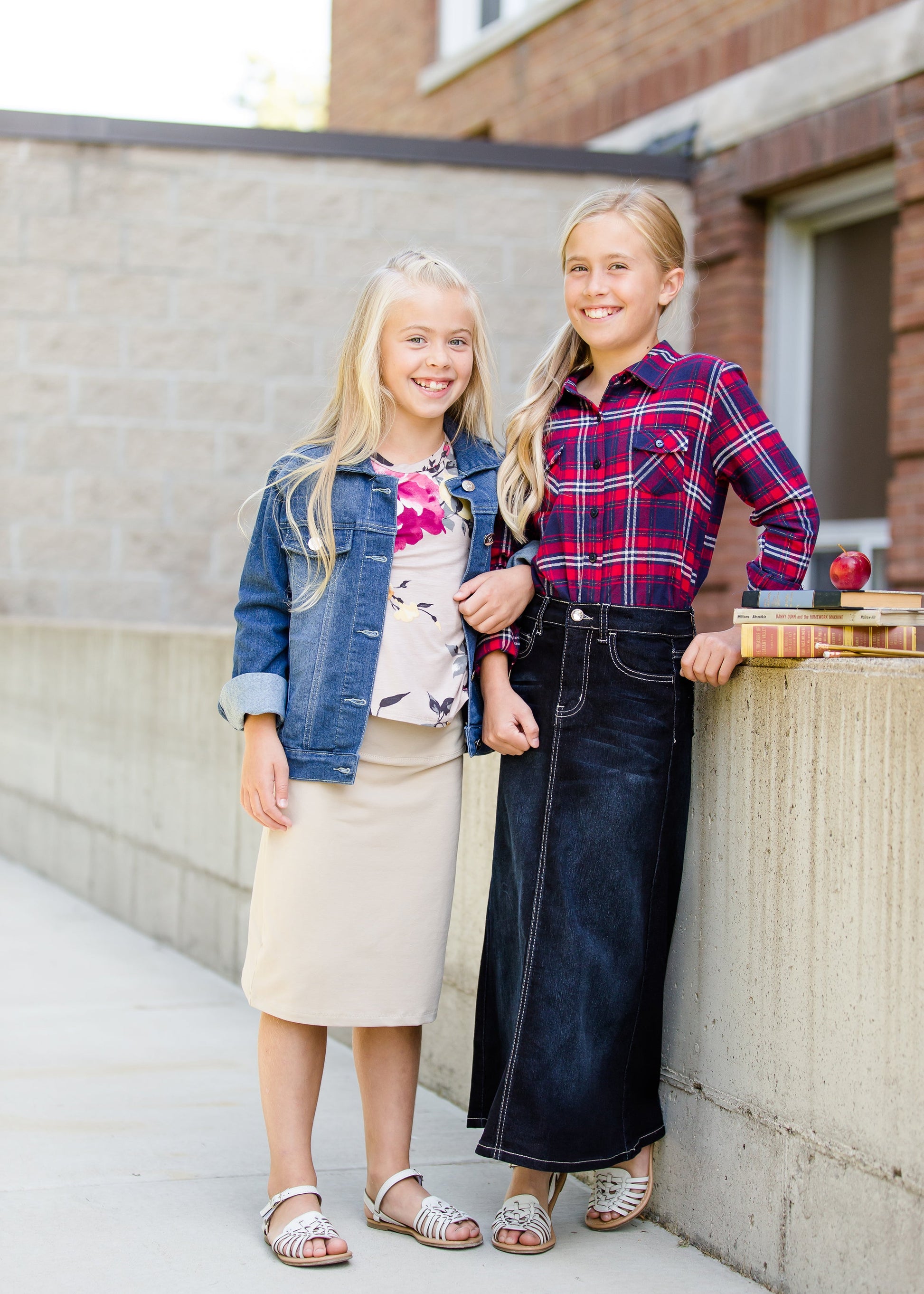 girls modest red and blue plaid flannel button up top