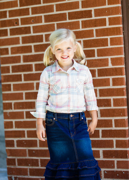 plaid button up pink and mint top