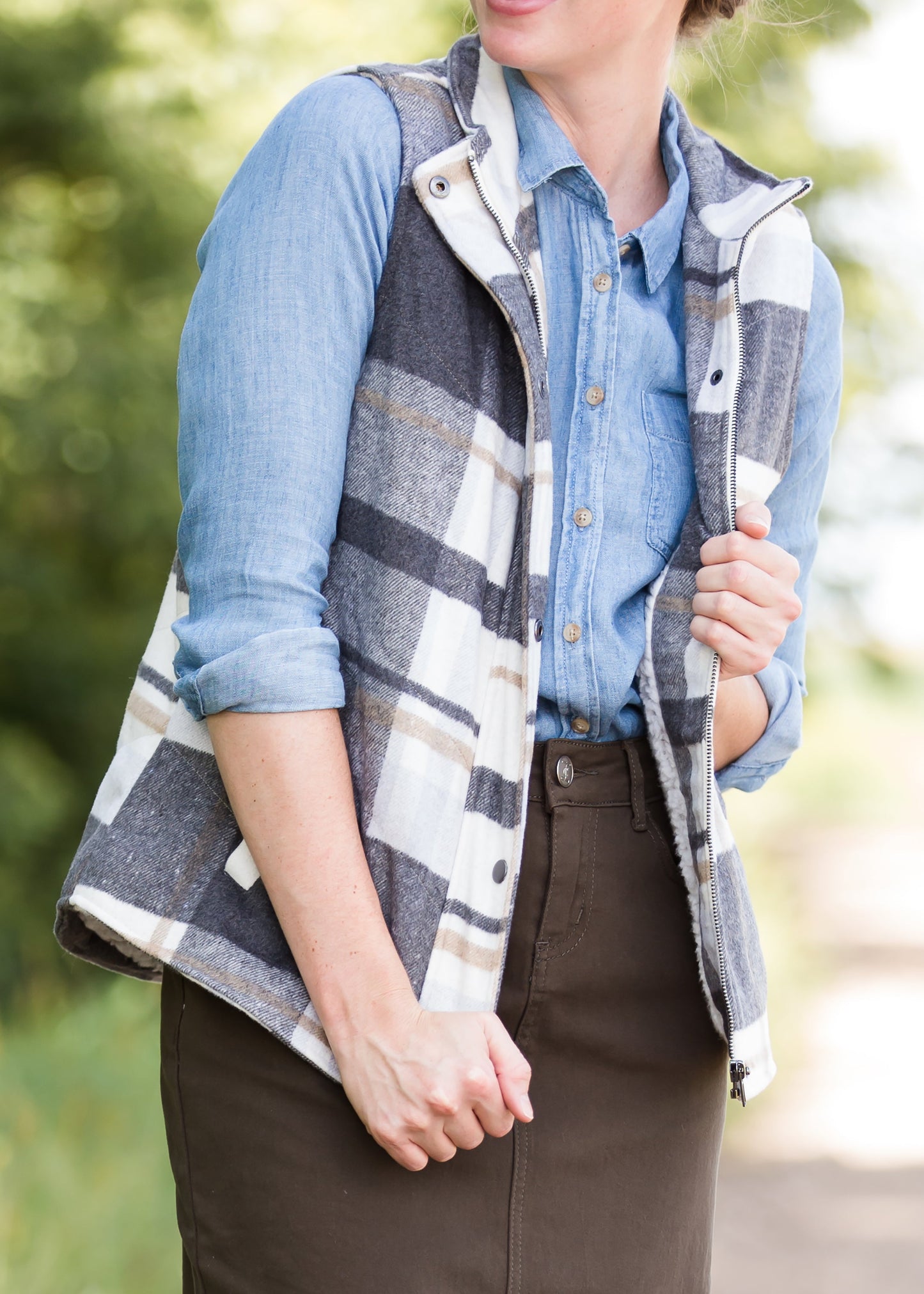 Womens Gray and Blue Plaid Print Sherpa Lined Vest