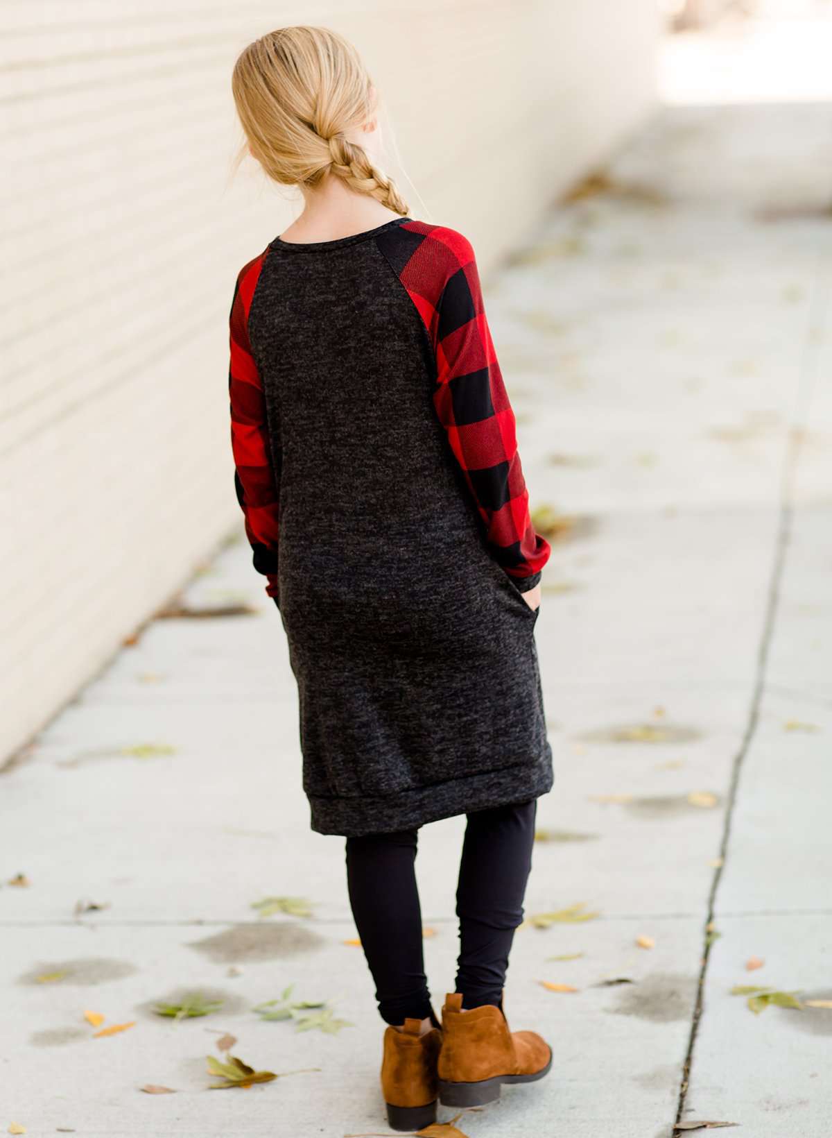 Modest girls and conservative teens red buffalo plaid sweatshirt dress