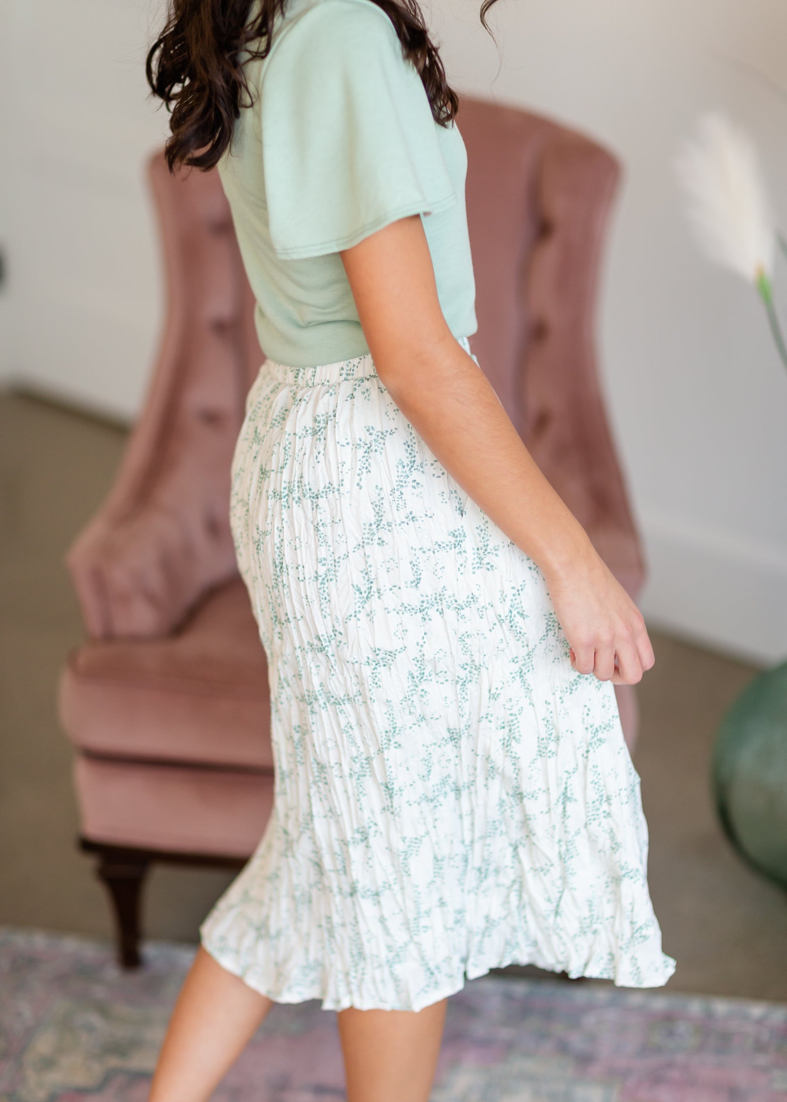 Pleated Green Dot Midi Skirt Skirts Mikarose