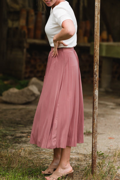 Pleated Mauve Stretch Waist Midi Skirt - FINAL SALE Skirts