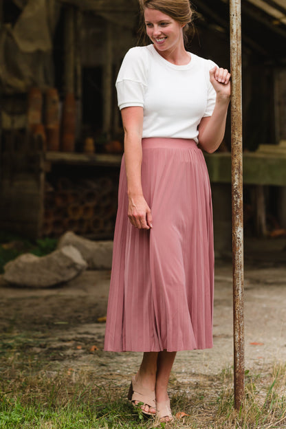 Pleated Mauve Stretch Waist Midi Skirt - FINAL SALE Skirts