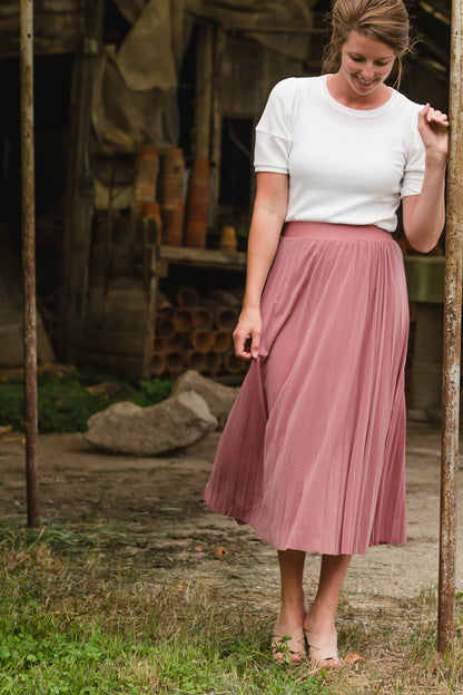 Pleated Mauve Stretch Waist Midi Skirt - FINAL SALE Skirts