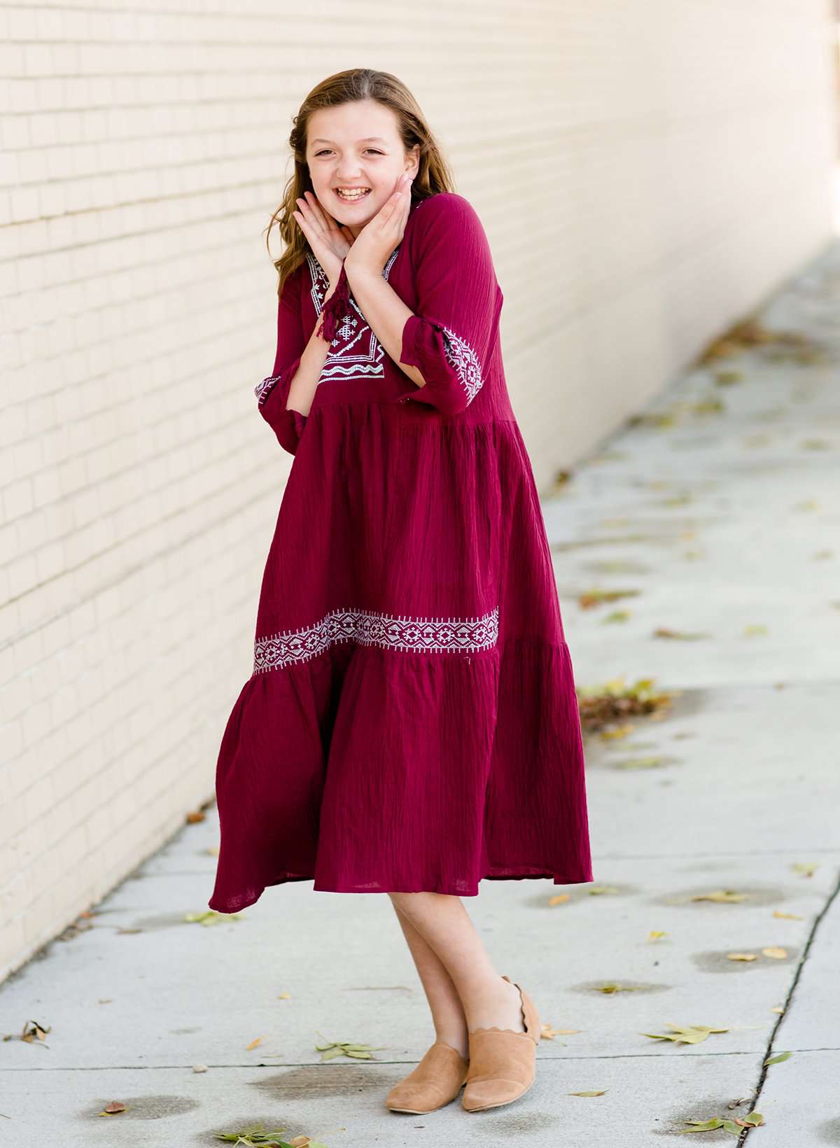 Modest Girls Burgandy Embroidered Midi Dress