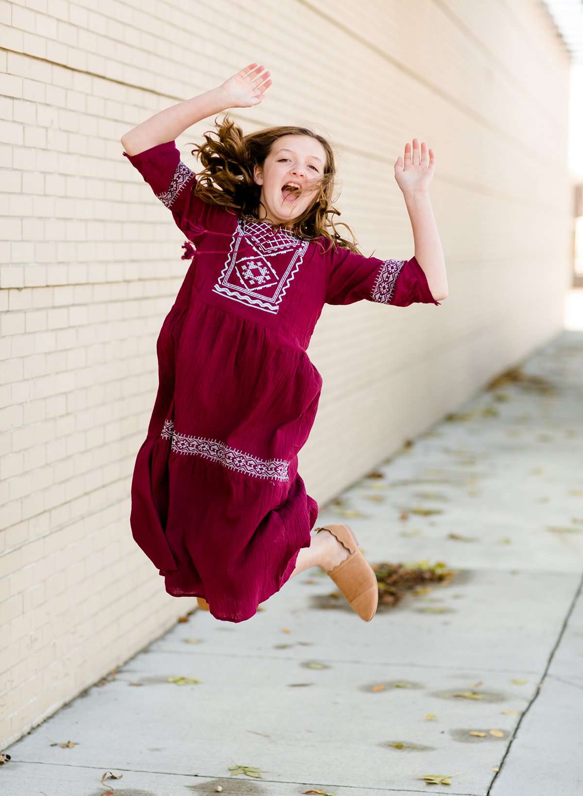 Modest Girls Burgandy Embroidered Midi Dress