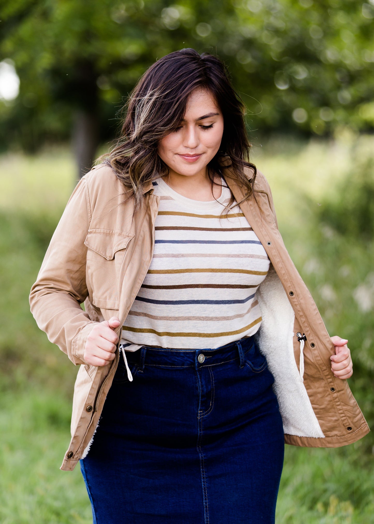 sherpa lined camel colored womens cargo jacket