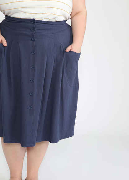 plus size navy button front midi skirt