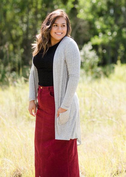 gray ribbed long open front cardigan