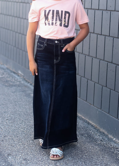 girls a-line long denim embroidered denim skirt