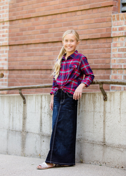 girls a-line long denim embroidered denim skirt