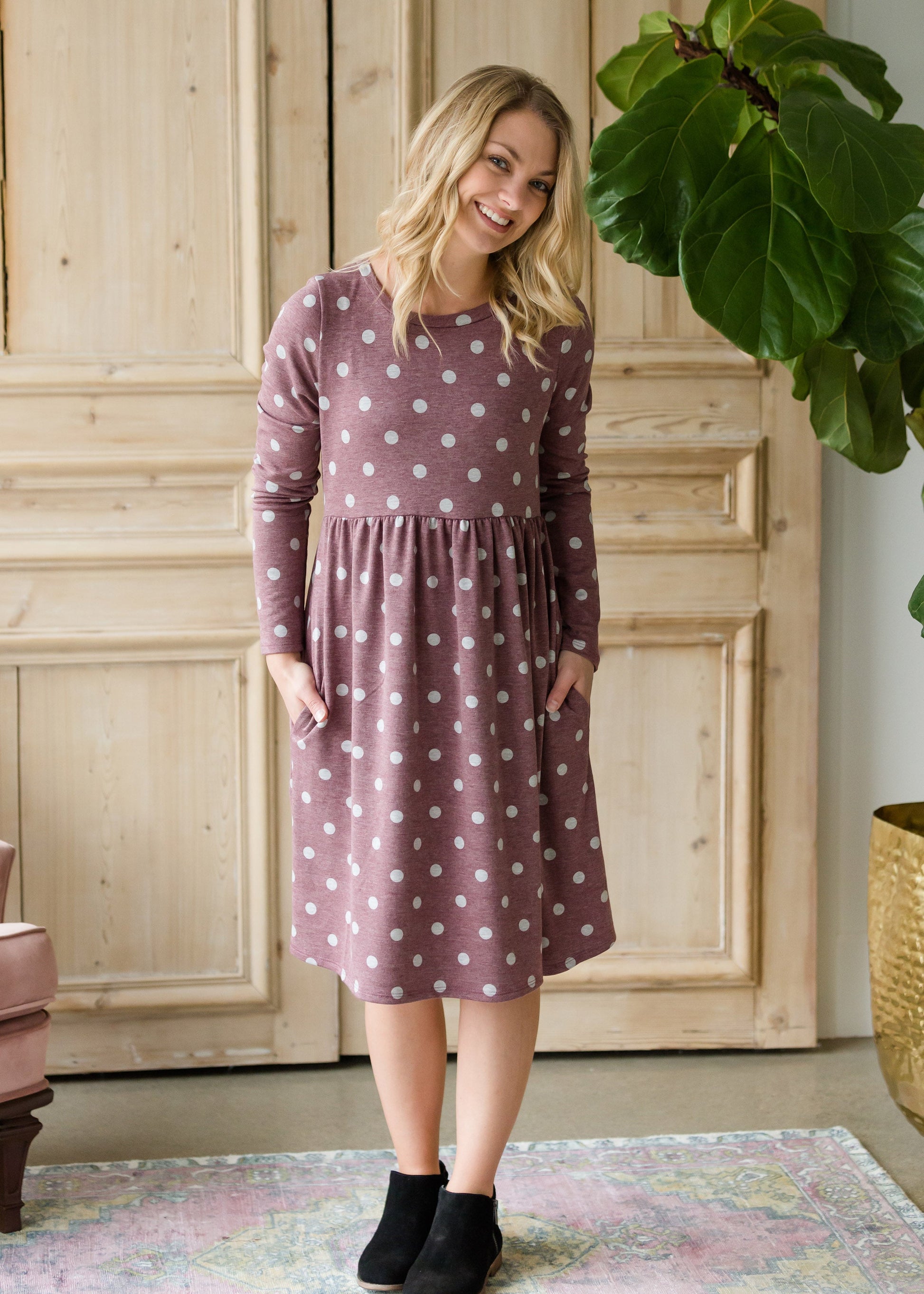 Polka Dot Long Sleeve Knit Midi Dress - FINAL SALE Dresses