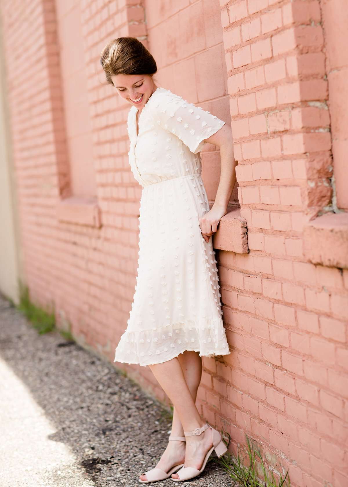 pom pom textured white modest midi dress