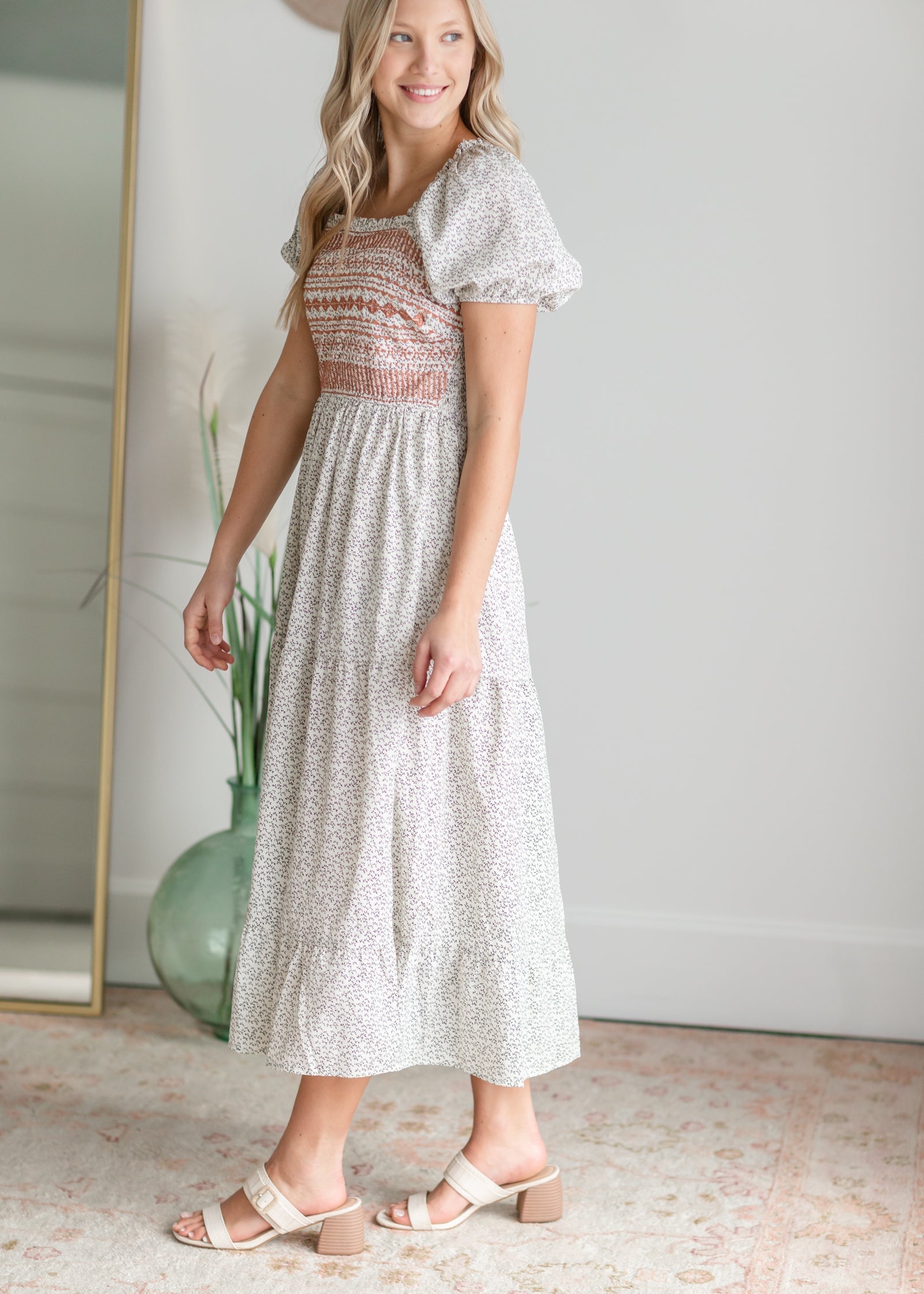 Puff Sleeve Embroidered Square Neck Midi Dress Dresses Polagram & BaeVely