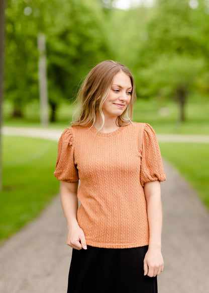 Puff Sleeve Textured Knit Top Tops