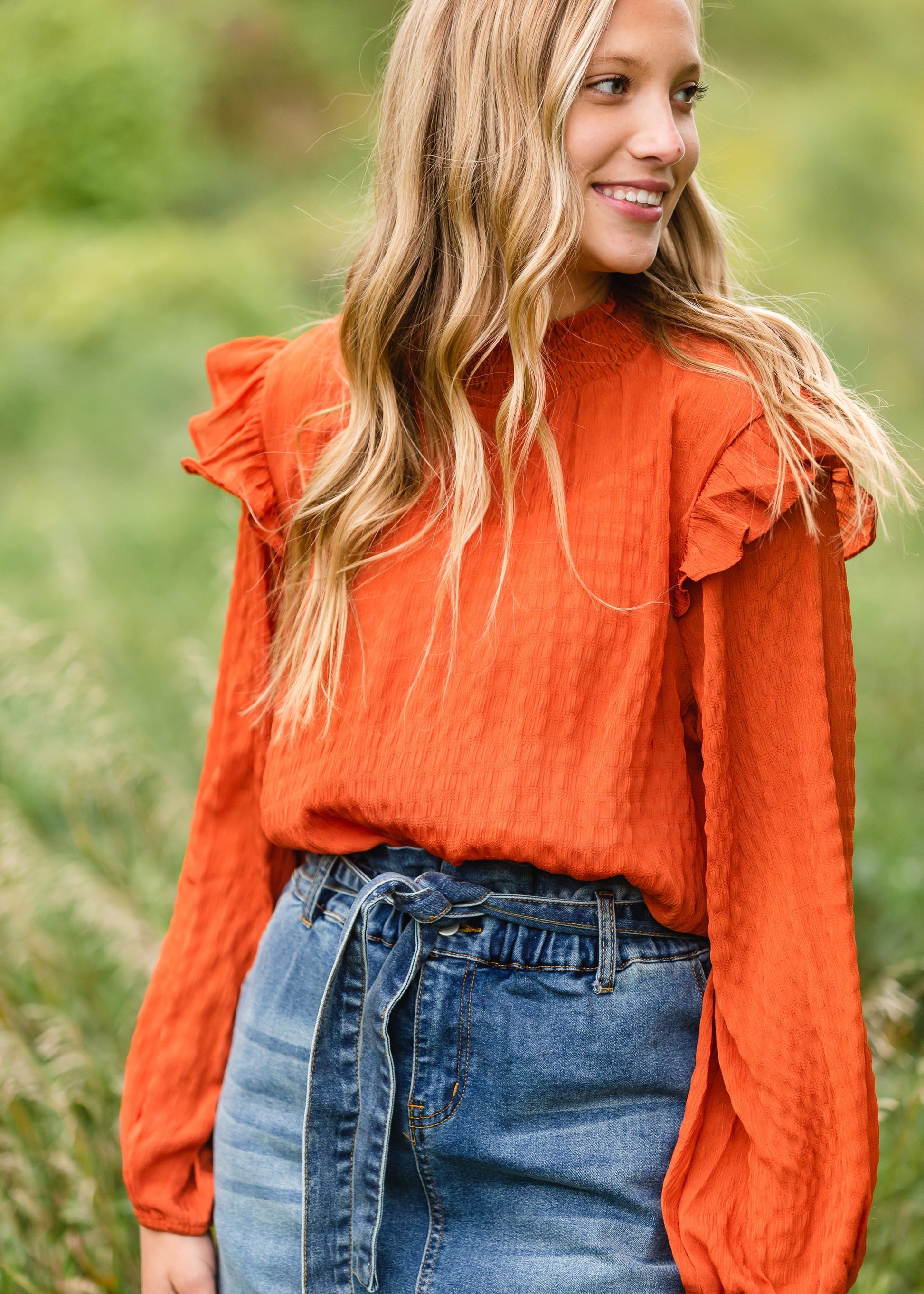 Pumpkin Spice Ruffle Sleeve Blouse - FINAL SALE Tops