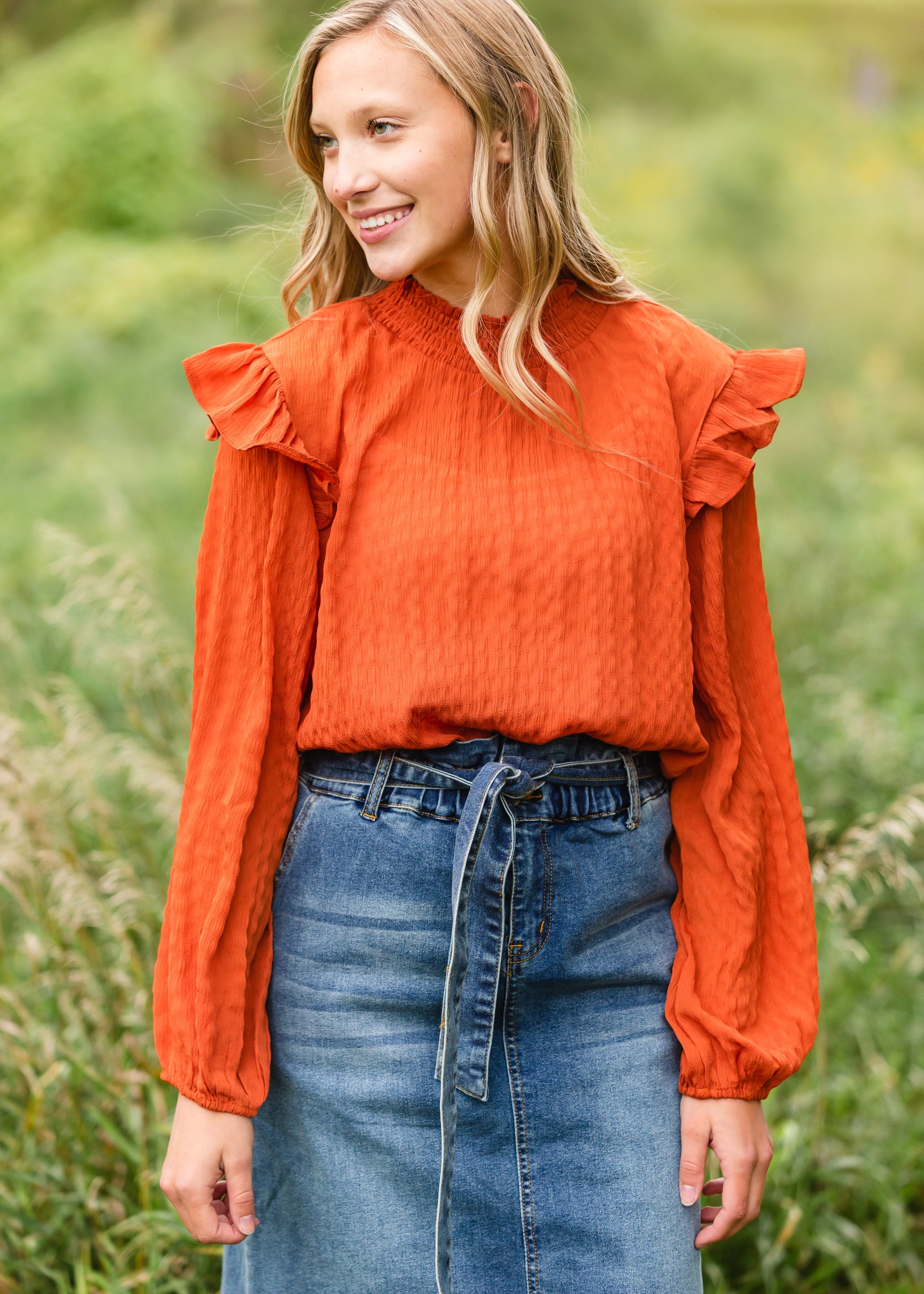 Pumpkin Spice Ruffle Sleeve Blouse - FINAL SALE Tops