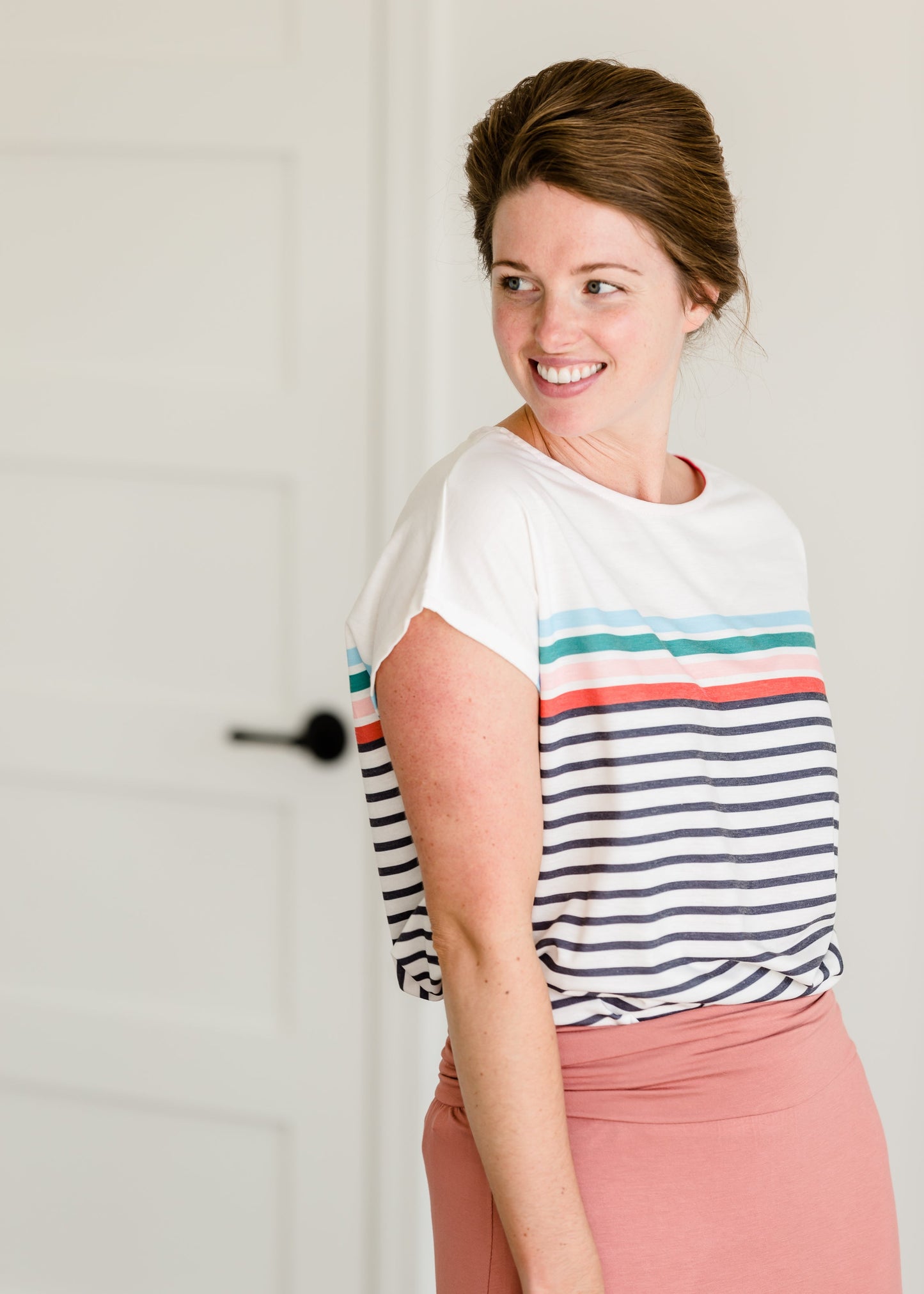 Rainbow Striped French Terry Tee Tops