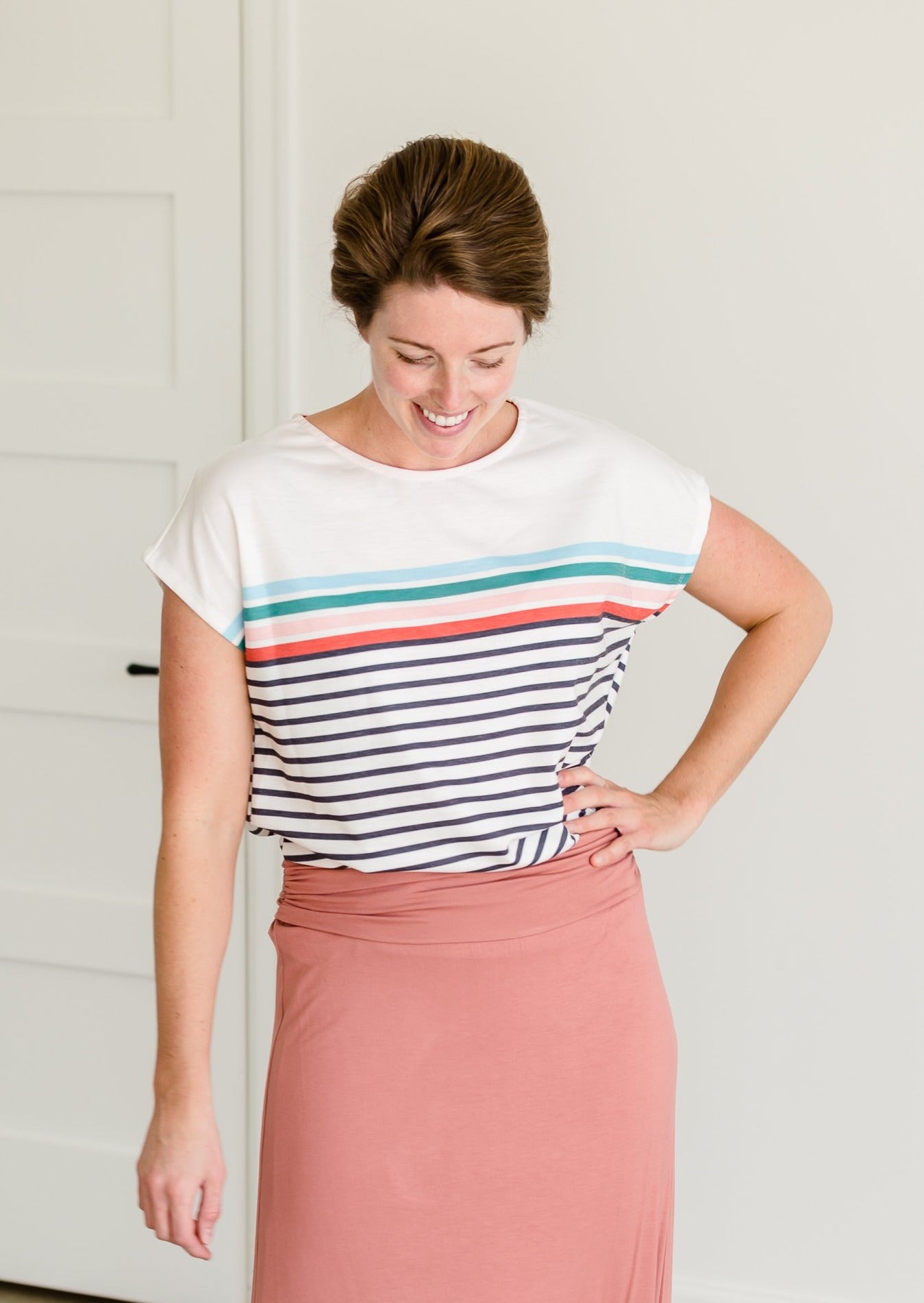 Rainbow Striped French Terry Tee Tops