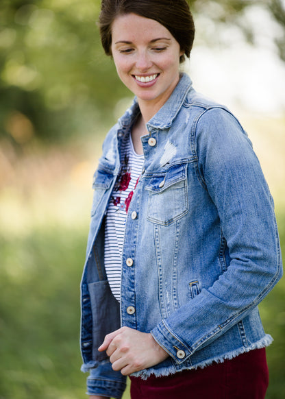 raw edge distressed denim jean jacket