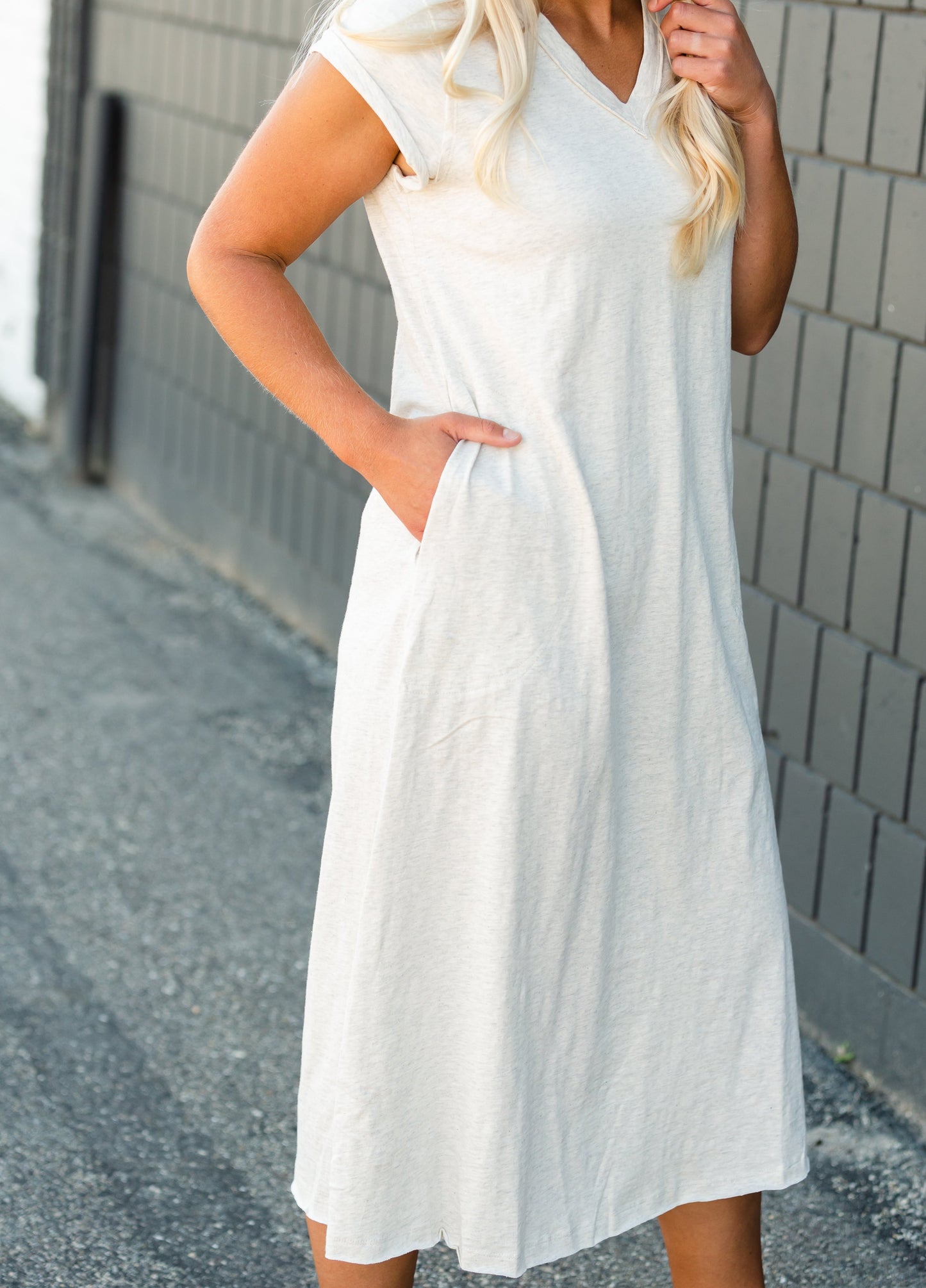 Raw Hem V-Neck Oatmeal Dress Dresses