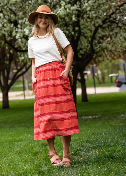 Red Brick Striped Pocket Midi Skirt Skirts