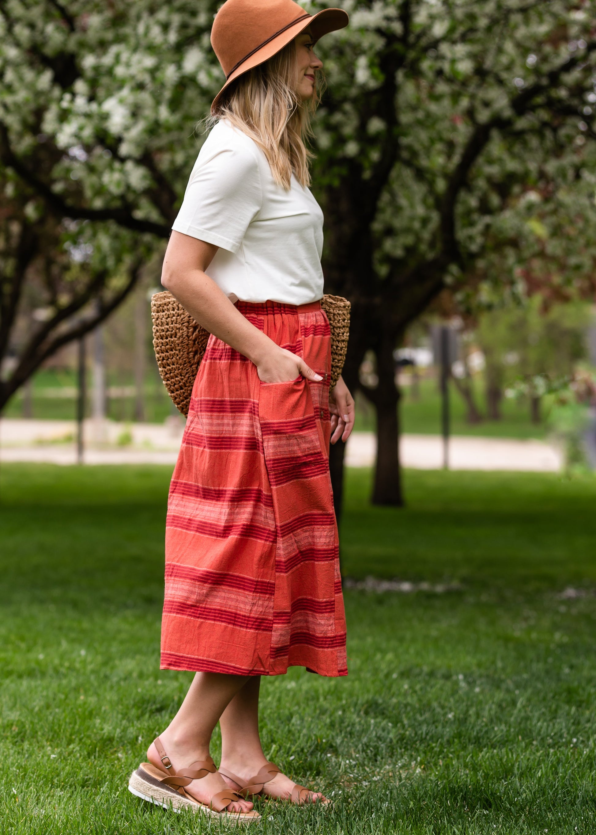 Red Brick Striped Pocket Midi Skirt Skirts