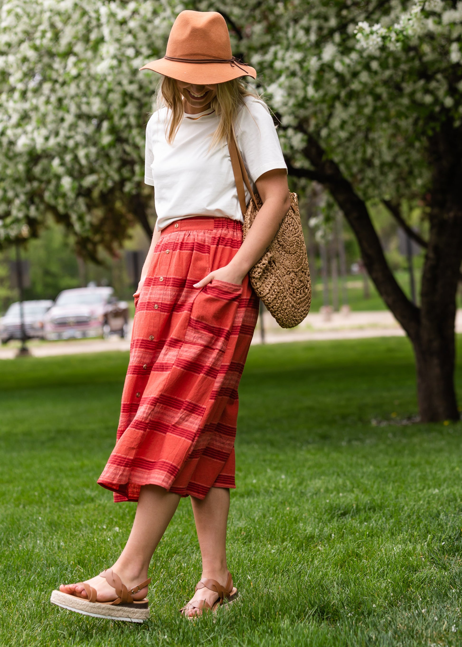 Red Brick Striped Pocket Midi Skirt Skirts